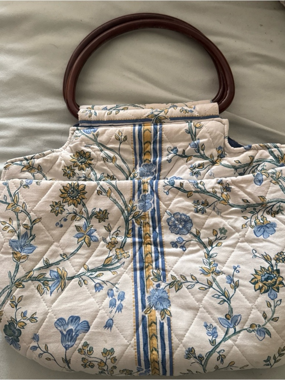 Darens Bags Vintage Quilted Floral Fabric Purse;  Blue&White Resin Handles USA